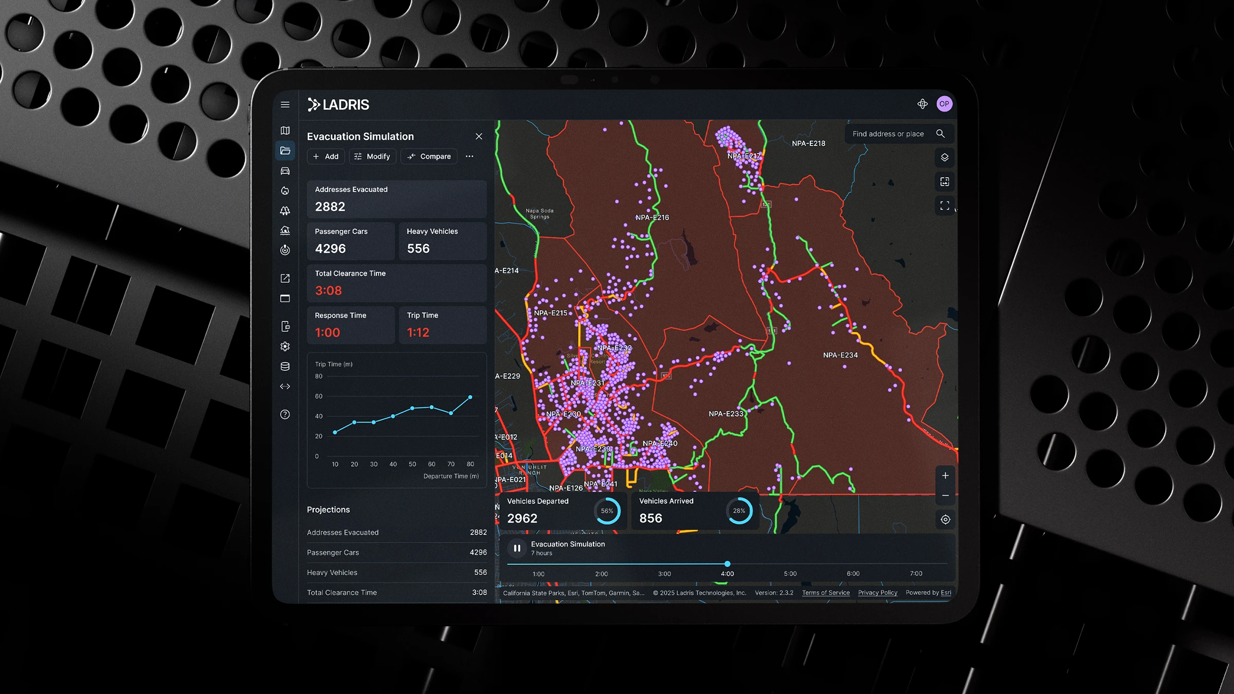 Tablet screen displaying LADRIS evacuation simulation with maps, statistics on evacuated addresses, vehicles, clearance times, and trip time chart.