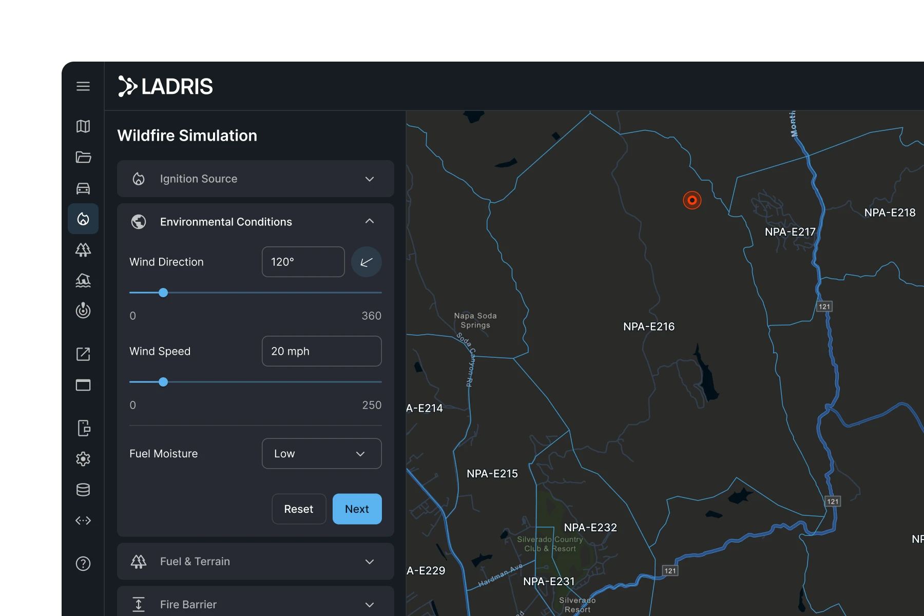 Wildfire simulation interface showing environmental conditions settings with wind direction at 120 degrees, wind speed at 20 mph, and low fuel moisture, alongside a map highlighting fire points in Napa area.