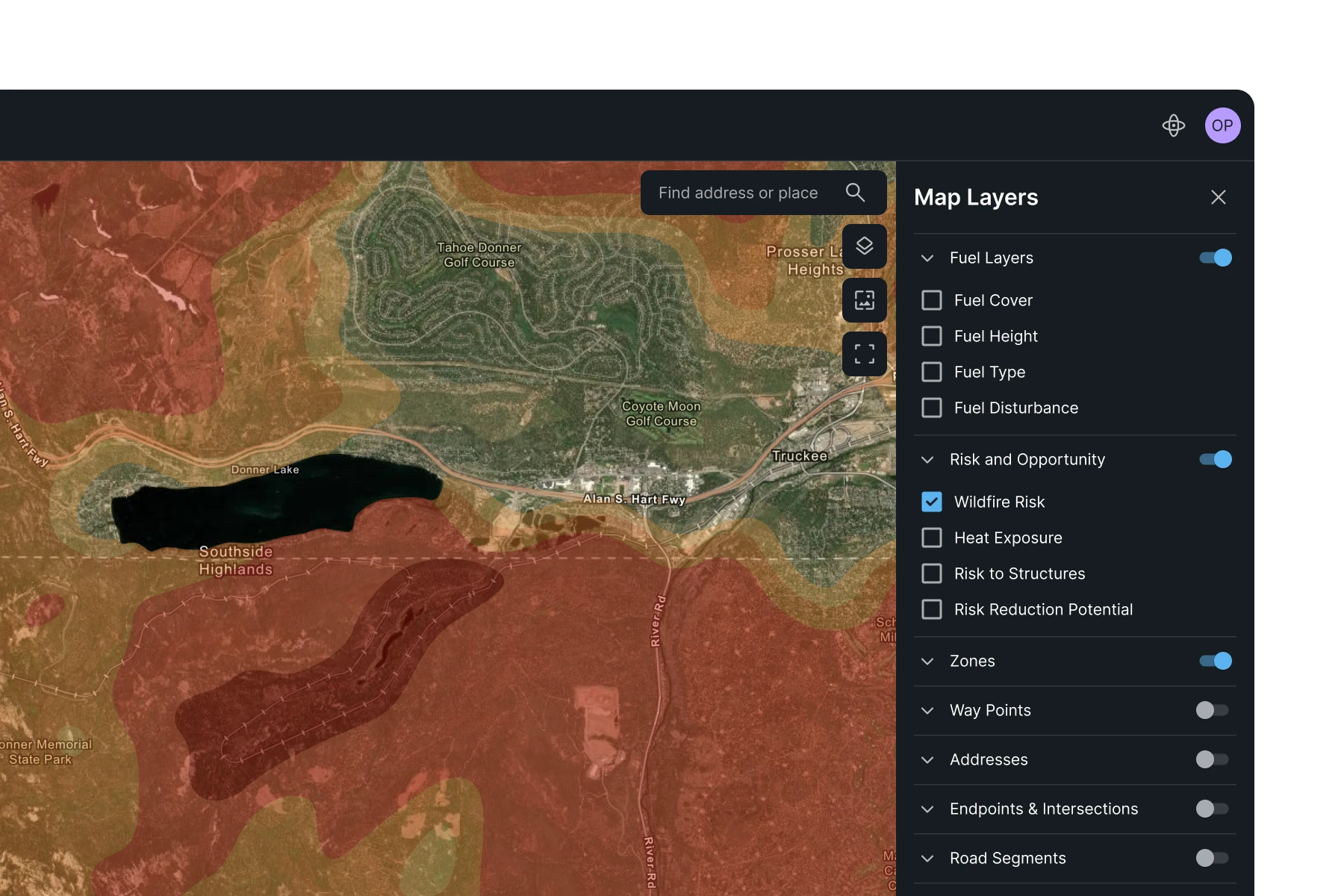 Map showing wildfire risk layers around Donner Lake and Truckee, California, with high-risk zones marked in red and moderate risk in orange and green.