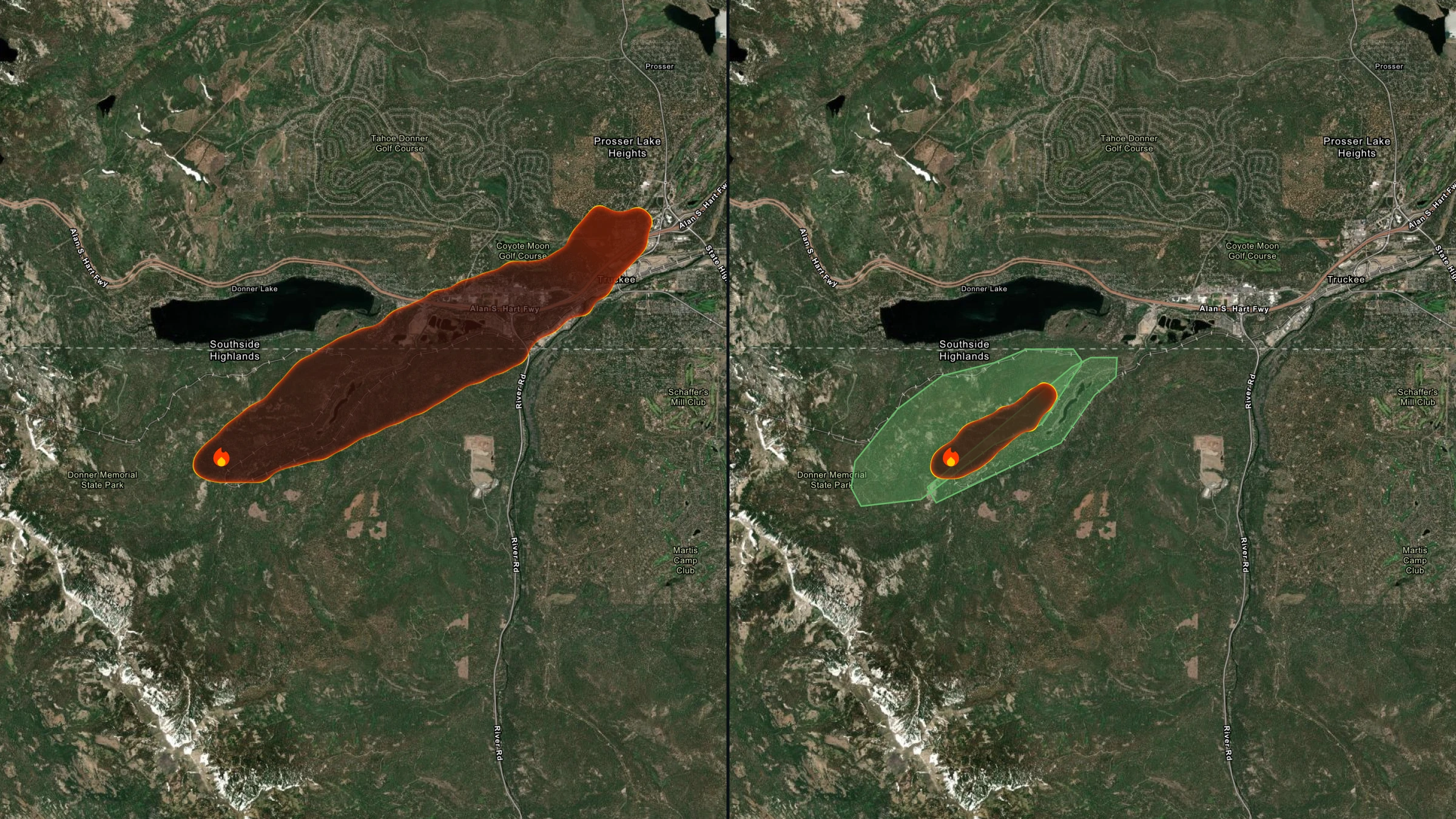 Side-by-side satellite maps showing a wildfire's extent near Donner Memorial State Park and Truckee, with the left map highlighting a larger fire area in red and the right map showing a smaller fire area with an added green containment boundary.