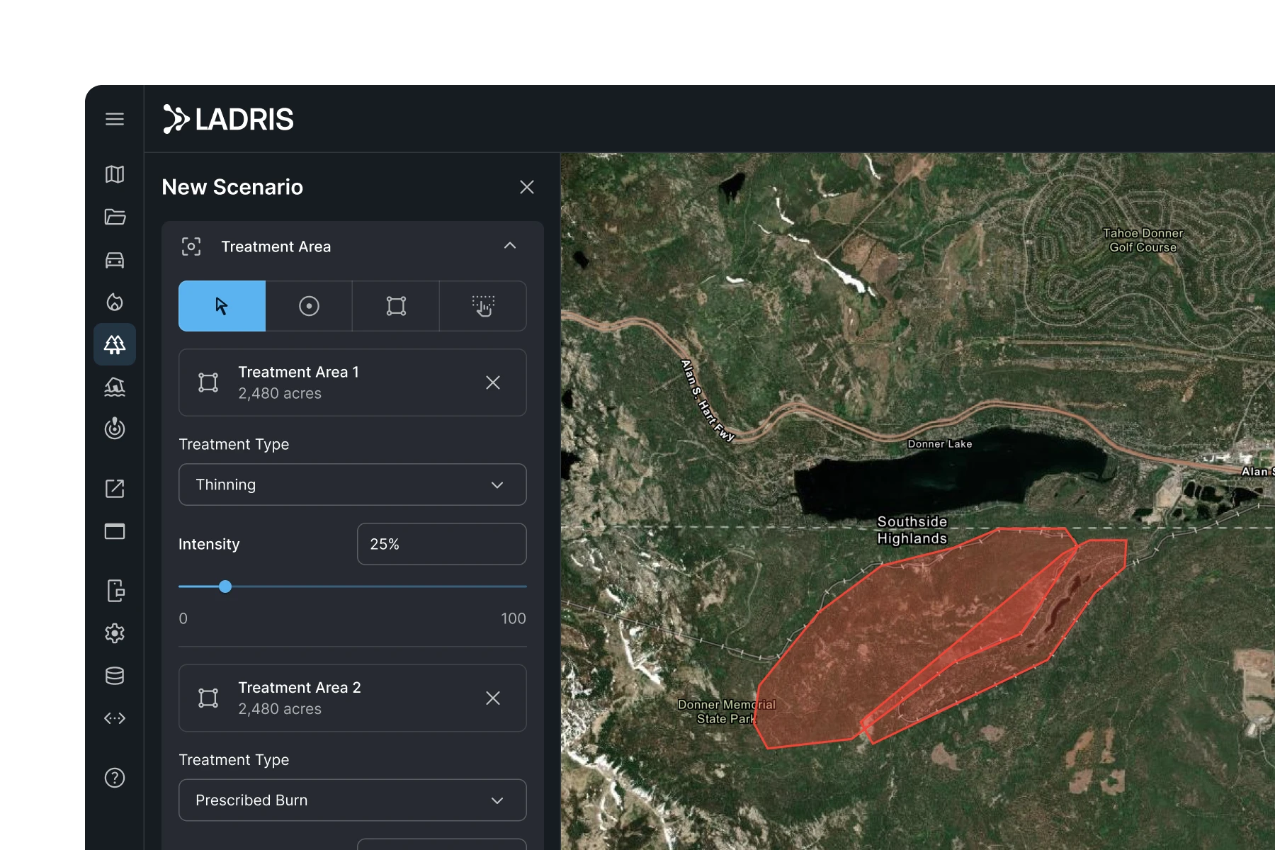 LADRIS map interface showing two treatment areas outlined in red near Donner Lake, with treatment types thinning at 25% intensity and prescribed burn.