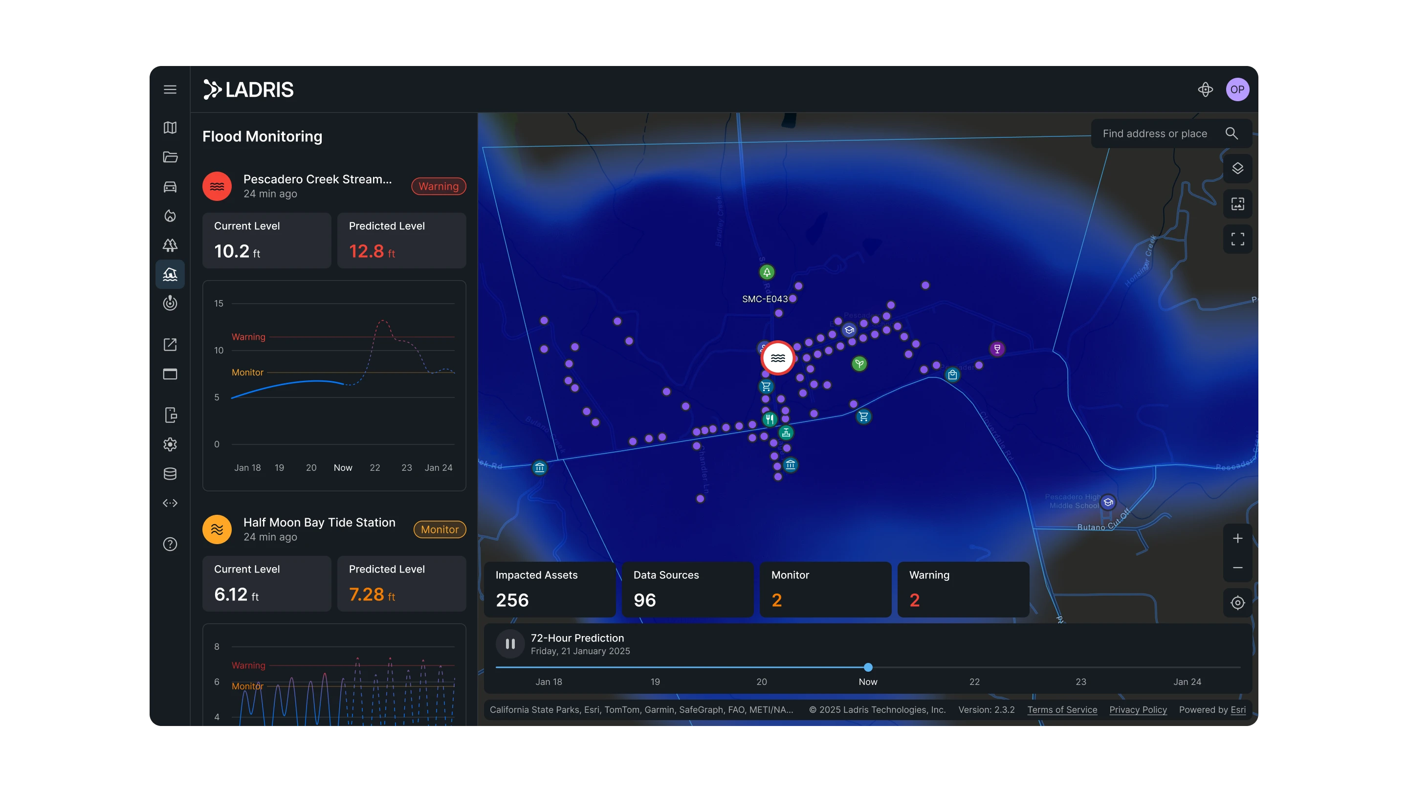 Ladris flood monitoring dashboard showing current and predicted water levels at Pescadero Creek Stream and Half Moon Bay Tide Station with a map highlighting affected areas and assets.