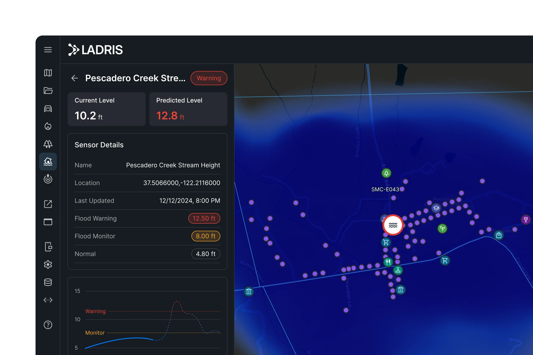 LADRIS dashboard showing Pescadero Creek Stream current water level at 10.2 ft, predicted level 12.8 ft with a flood warning, sensor details, and a map with flood risk zones and asset icons.