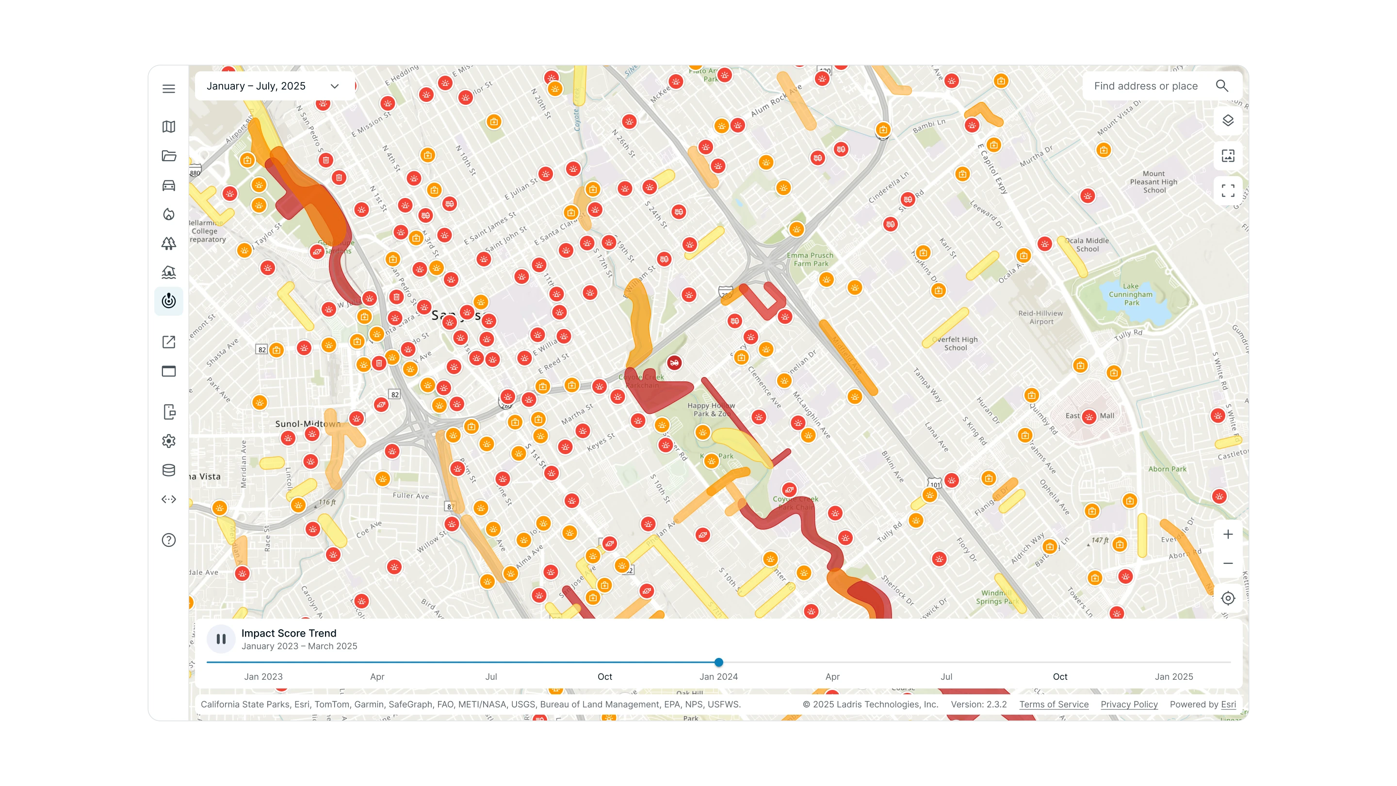 Map showing impact score trends from January to July 2025 with colored markers and overlay lines indicating varying levels of impact in a city area.