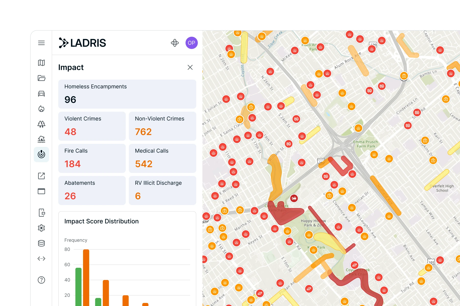 Dashboard showing impact metrics including homeless encampments, violent and non-violent crimes, fire calls, medical calls, abatements, and RV illicit discharge alongside a city map with colored markers indicating areas of concern.