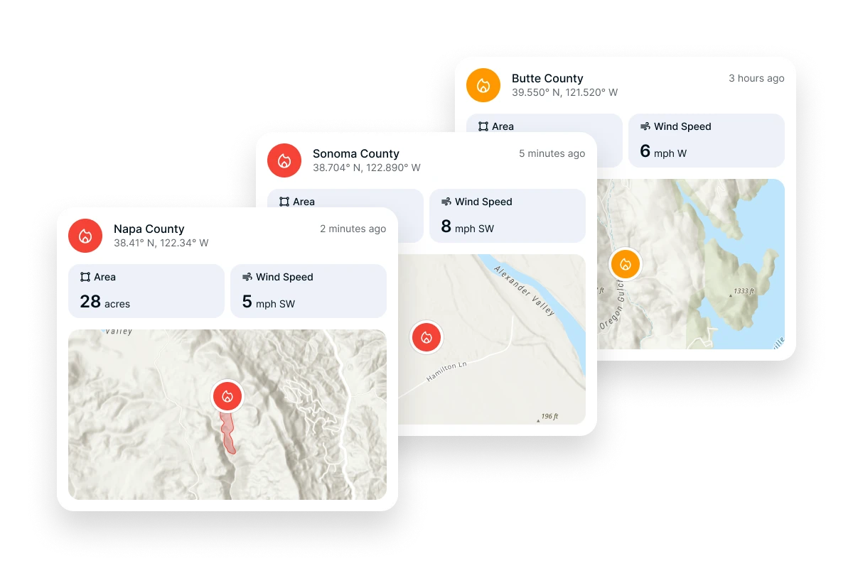 Three wildfire alert cards showing areas and wind speeds in Napa, Sonoma, and Butte counties with location maps.