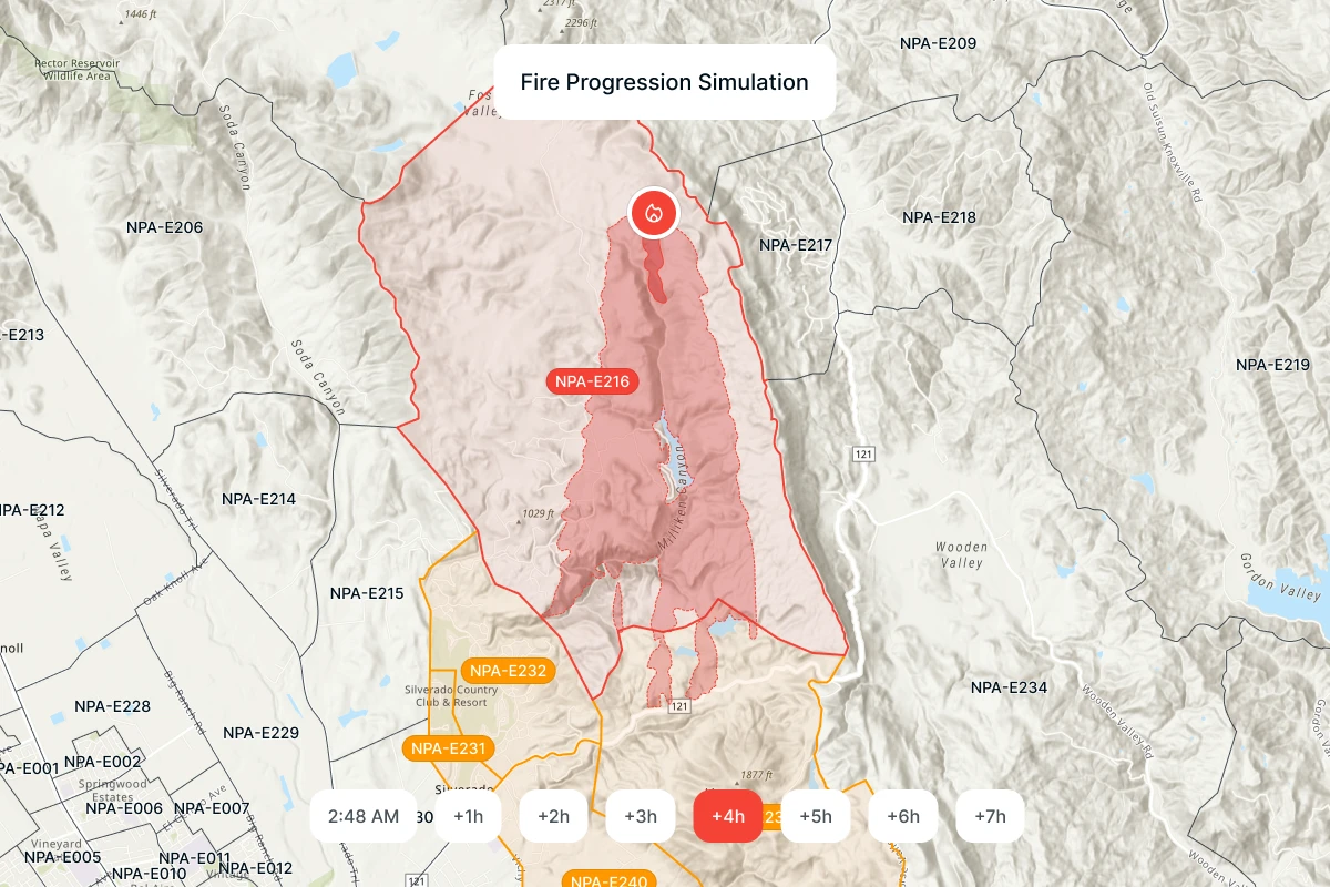 Topographic map showing a fire progression simulation with red shaded area and time controls at the bottom indicating fire spread from 2:48 AM to +7 hours.