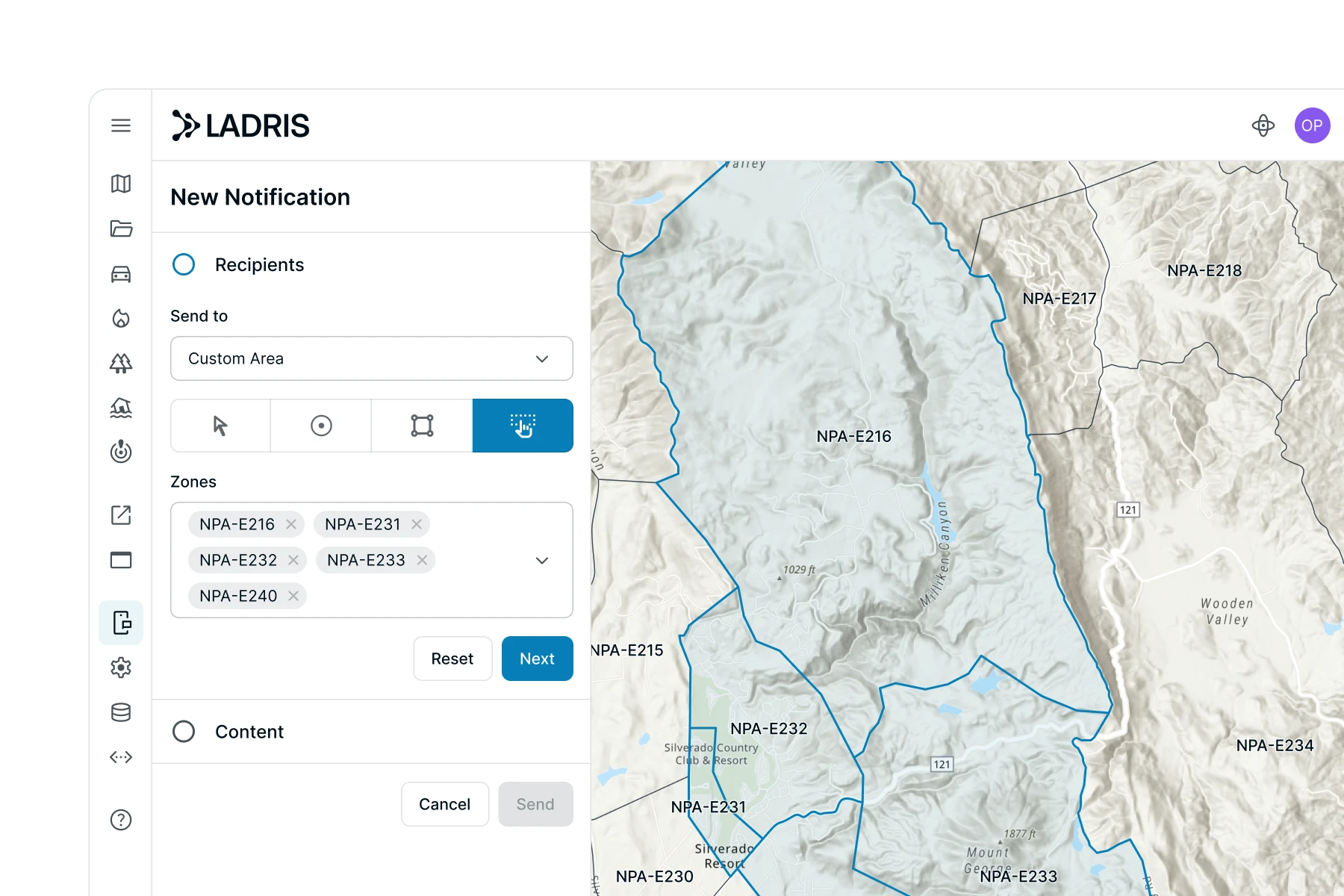 LADRIS interface for creating a new notification, showing recipient zones selected on a detailed topographic map with labeled areas like NPA-E216 and NPA-E232.