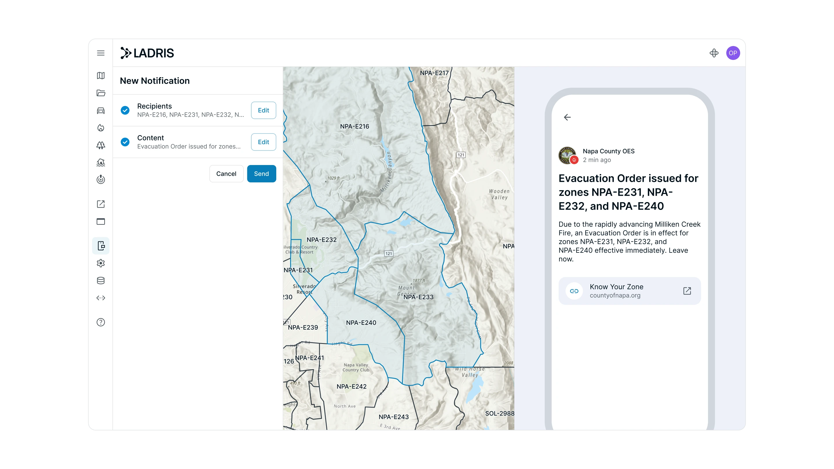 Ladris Sentinel Admin interface showing new notification setup with map of evacuation zones NPA-E231, NPA-E232, and NPA-E240, and a mobile preview of an evacuation order alert for those zones.