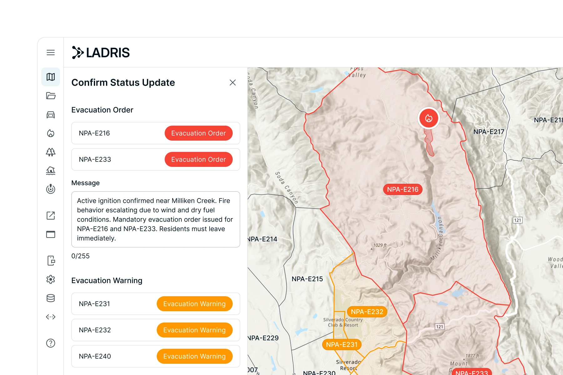 LADRIS interface showing a wildfire evacuation status update with a map; red areas indicate evacuation orders for zones NPA-E216 and NPA-E233, and orange areas show evacuation warnings for zones NPA-E231, NPA-E232, and NPA-E240.
