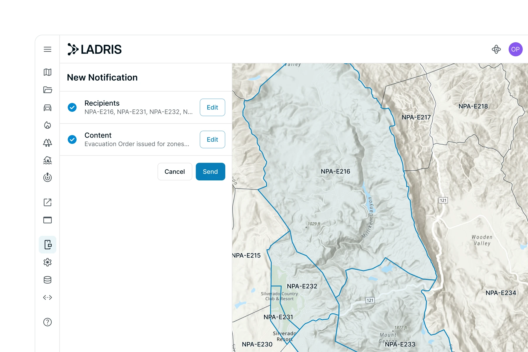 LADRIS interface showing New Notification panel with recipients and content editing options, alongside a map highlighting evacuation zones NPA-E216, NPA-E231, NPA-E232, and others.