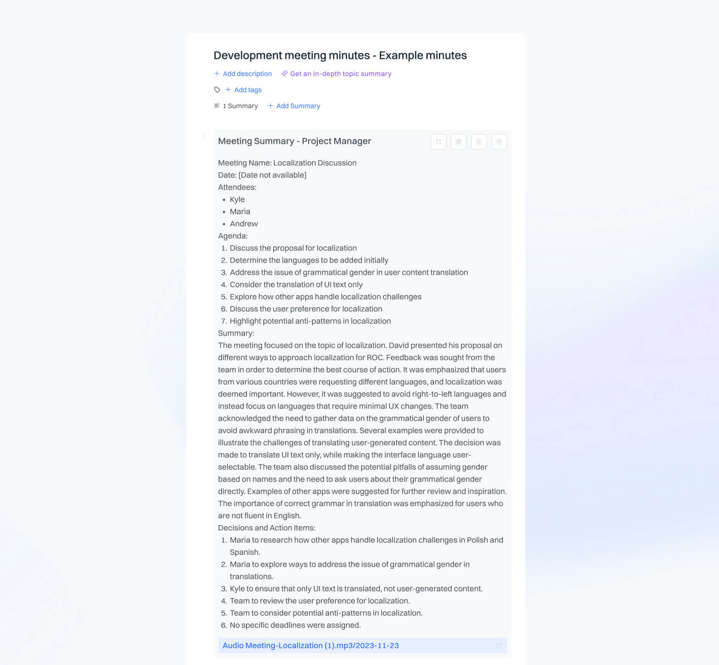 Meeting minutes examples 5: development team meeting minutes discussion localization in an app.