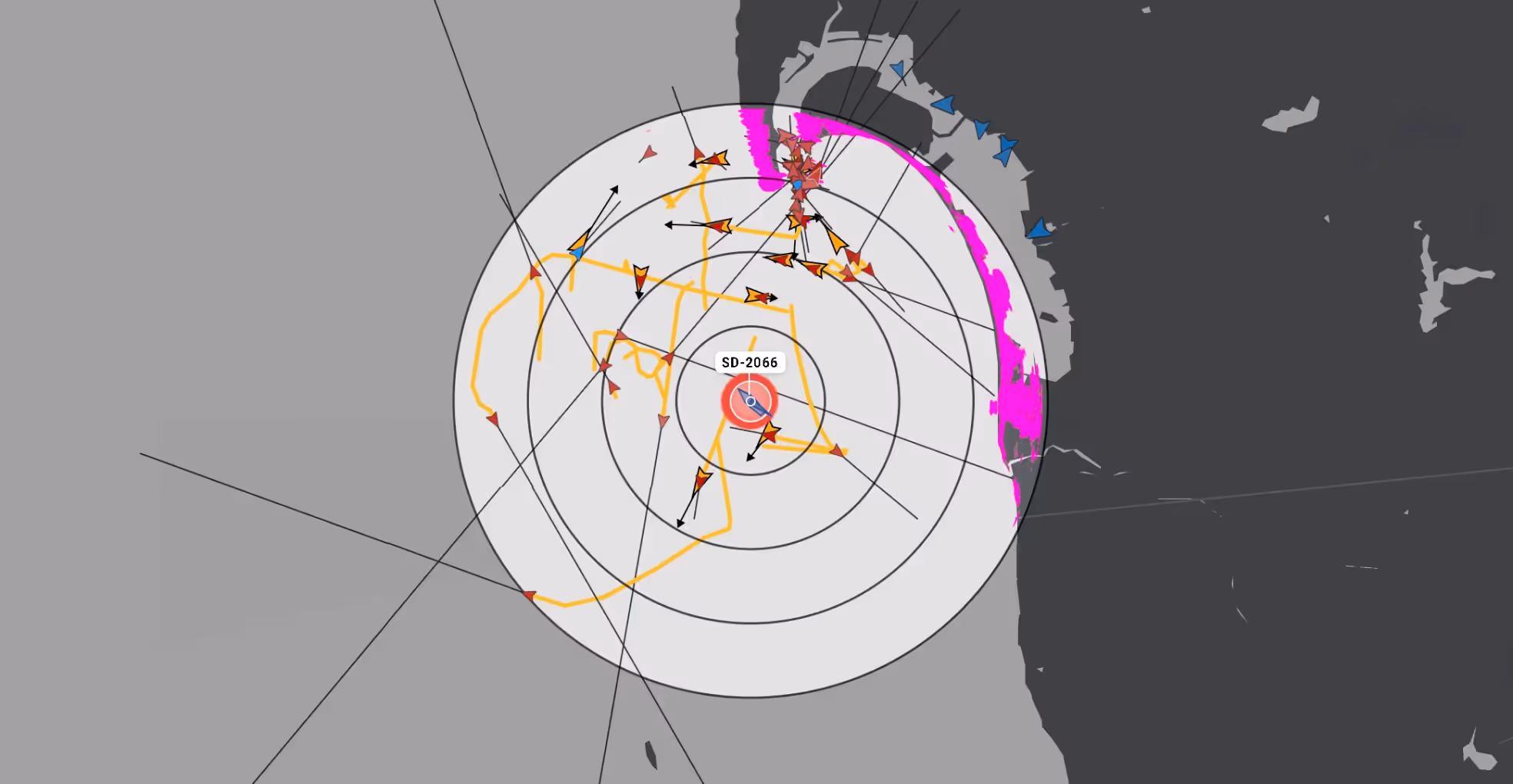 Map showing flight paths around a central point labeled SD-2066 with concentric circles and colored arrows indicating direction over a coastal region.