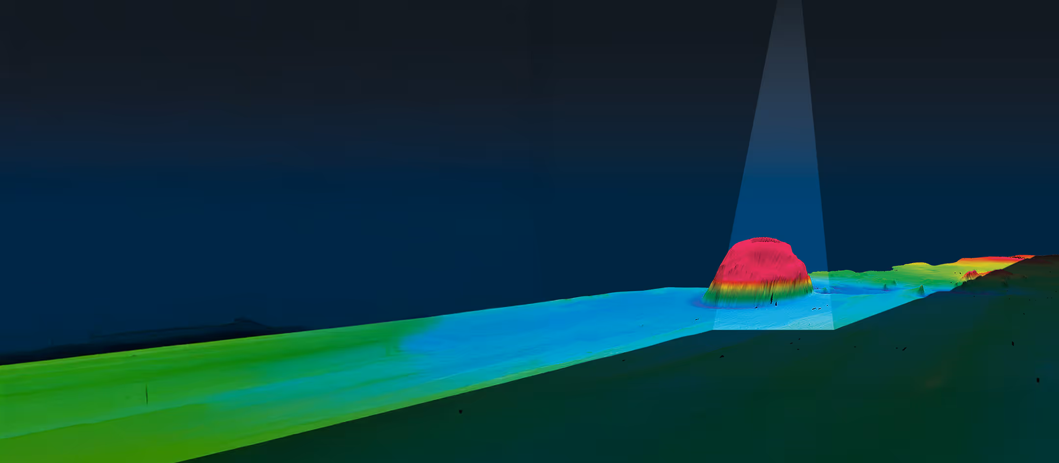 3D topographic map with colorful elevation gradients and a spotlight highlighting a red peak.