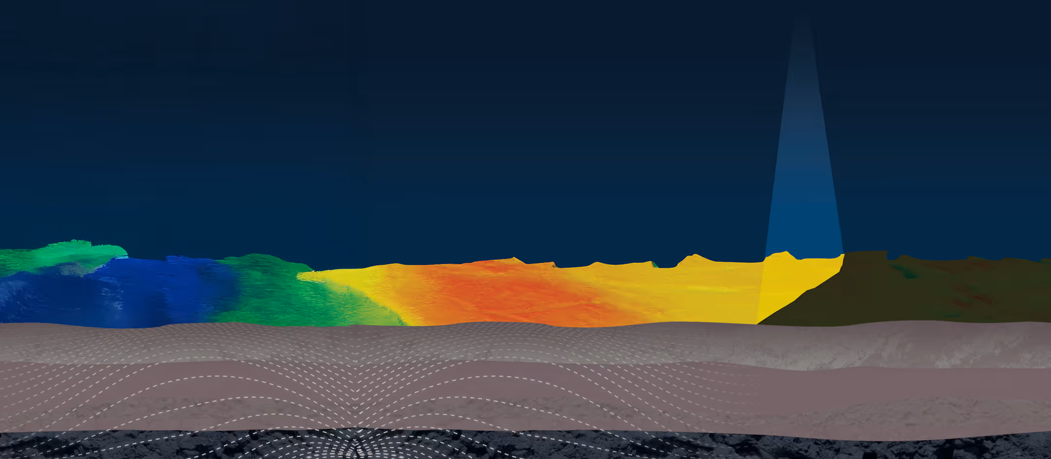 Cross-section of terrain with color gradient from blue and green to yellow and red highlighting elevation, with a spotlight beam on the yellow area and layered geological strata below.