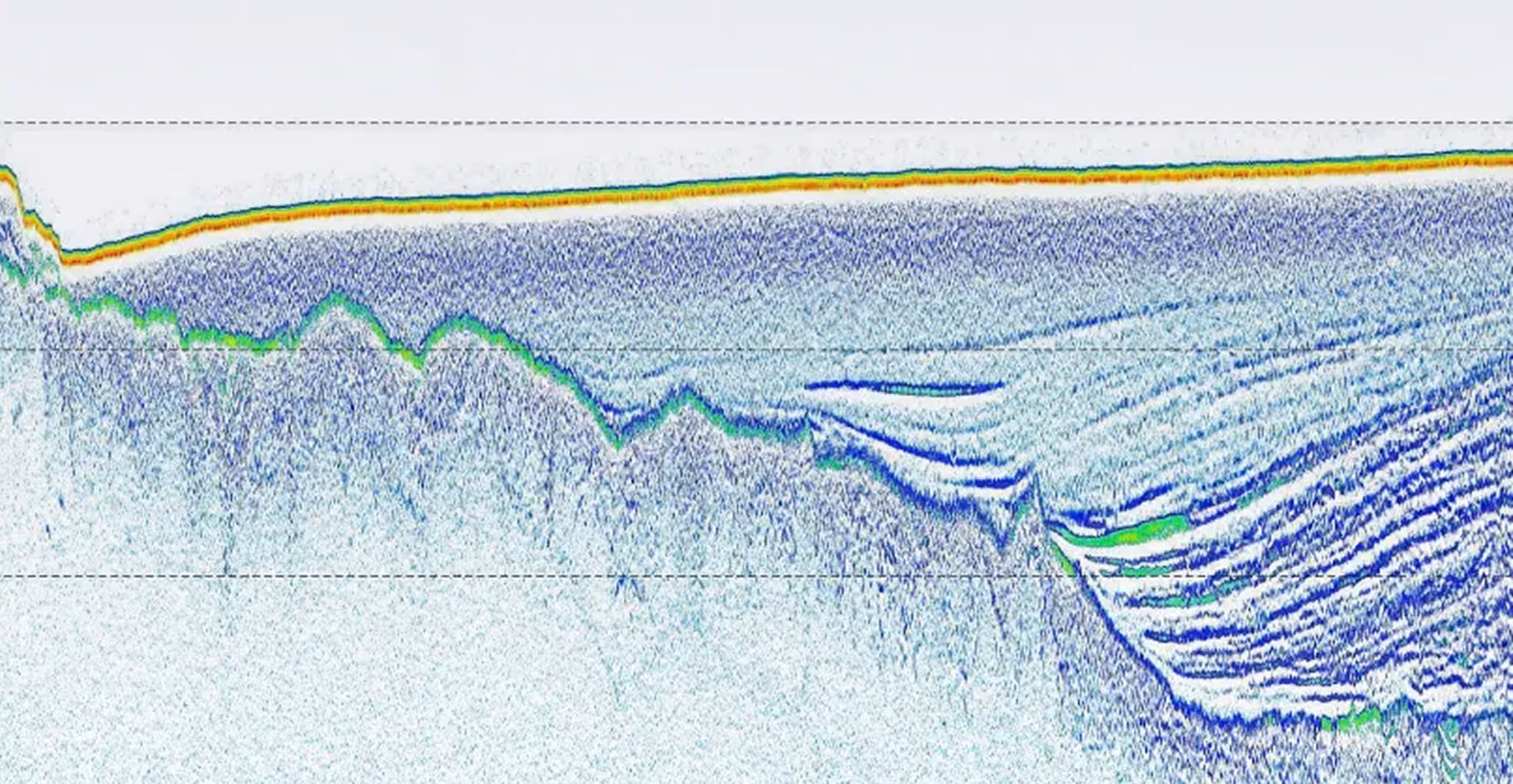 Color-coded geophysical sonar scan showing ocean floor topography with layered sediment and rock formations.