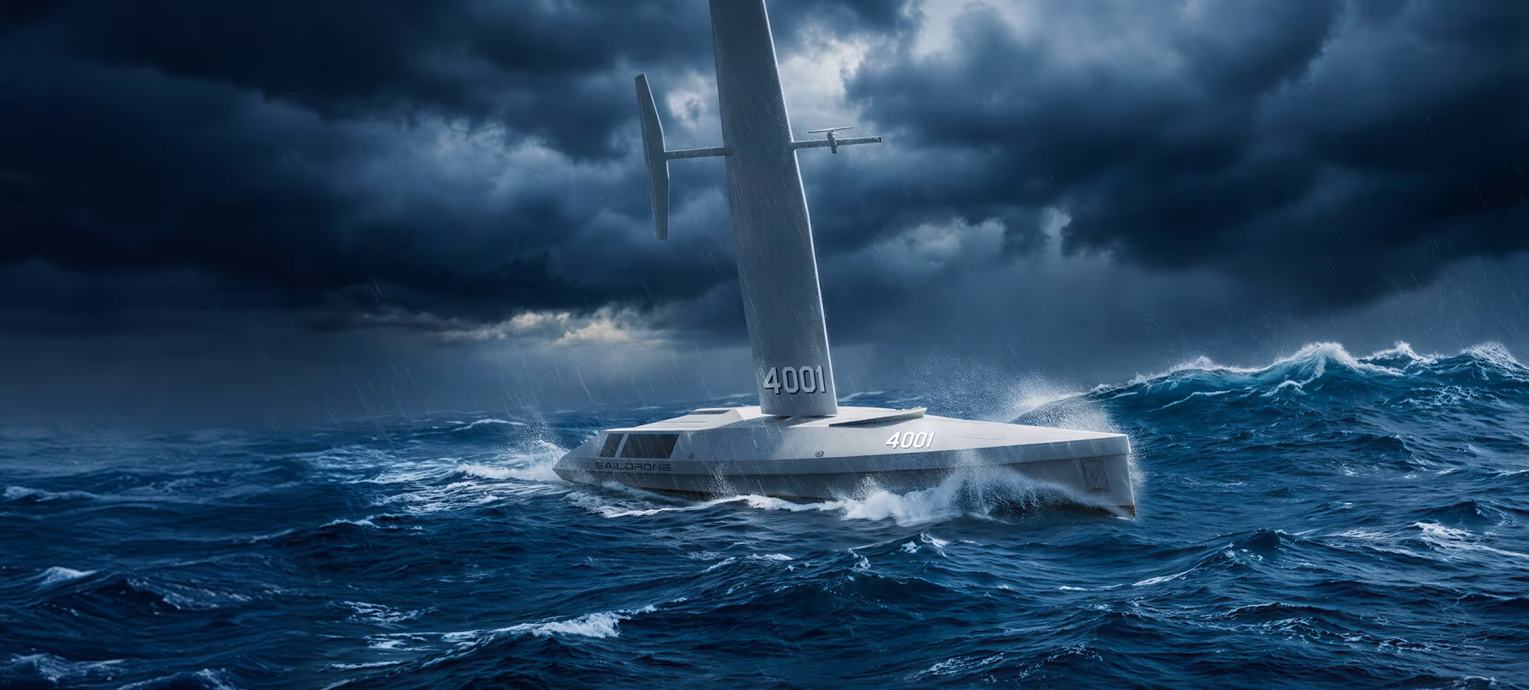 Unmanned Saildrone navigating rough ocean waves under dark stormy skies.