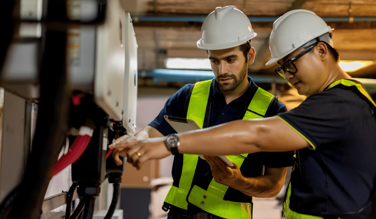 Deux électriciens travaillent sur des fils qui sortent d'un panneau électrique.