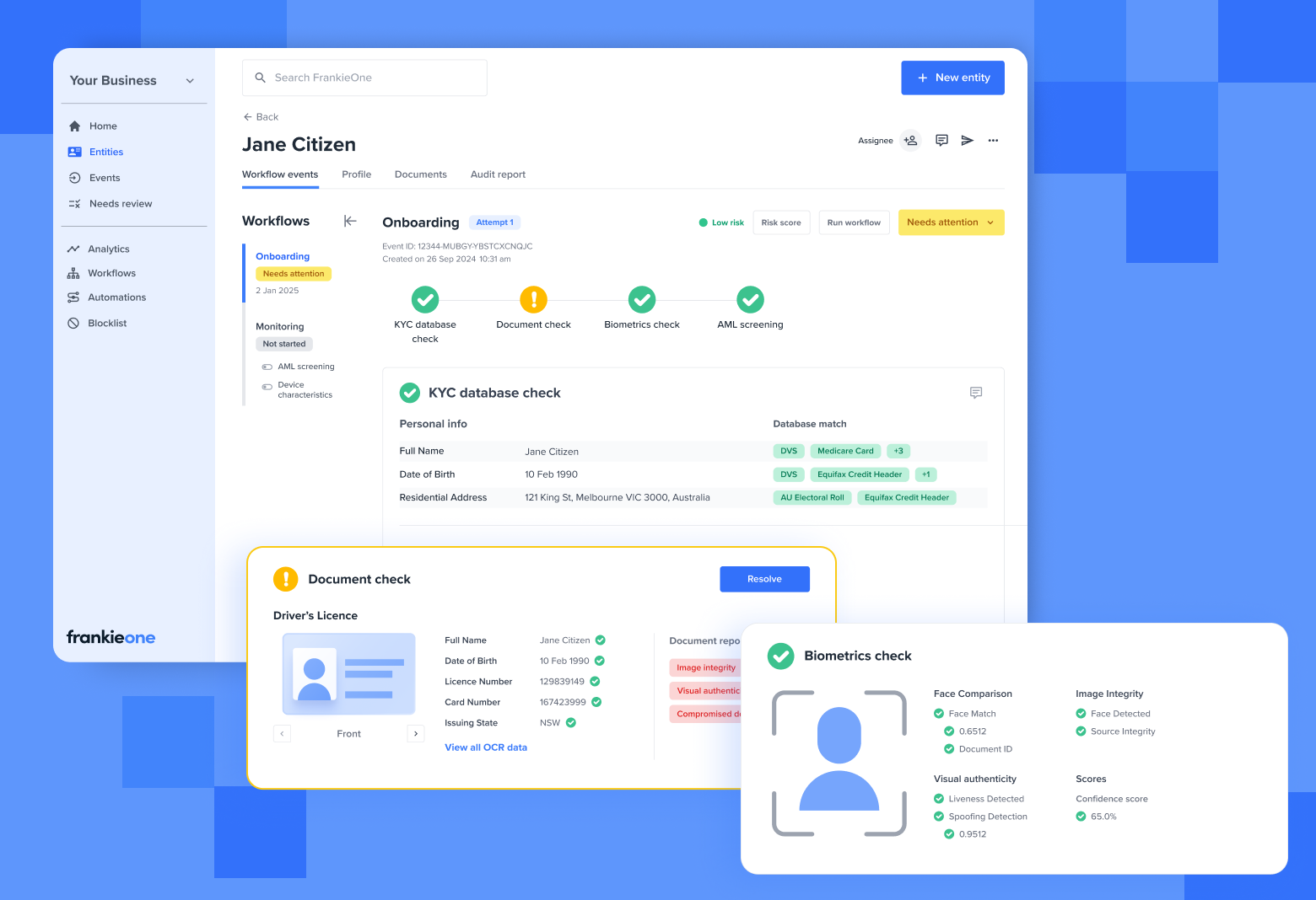 Dashboard interface of a customer verification platform showing onboarding workflow steps: KYC database check, document check with driver's license details, biometrics check face comparison, and AML screening status for user Jane Citizen.