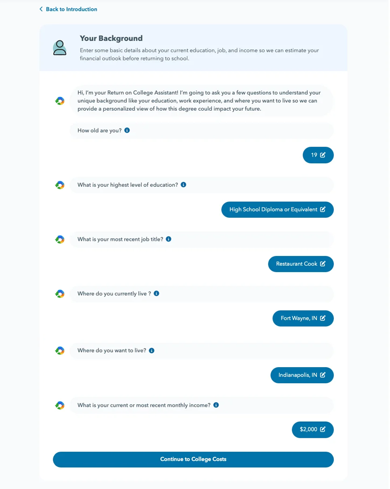 An image of the 'Your Background' page on the Return on College tool with example answers input into the tool.