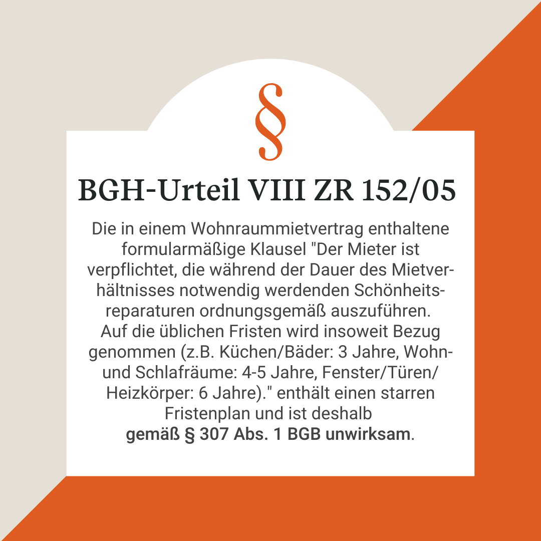 Die in einem Wohnraummietvertrag enthaltene formularmäßige Klausel "Der Mieter ist verpflichtet, die während der Dauer des Mietverhältnisses notwendig werdenden Schönheitsreparaturen ordnungsgemäß auszuführen. Auf die üblichen Fristen wird insoweit Bezug genommen (z.B. Küchen/Bäder: 3 Jahre, Wohn- und Schlafräume: 4-5 Jahre, Fenster/Türen/Heizkörper: 6 Jahre)." enthält einen starren Fristenplan und ist deshalb gemäß § 307 Abs. 1 BGB unwirksam.