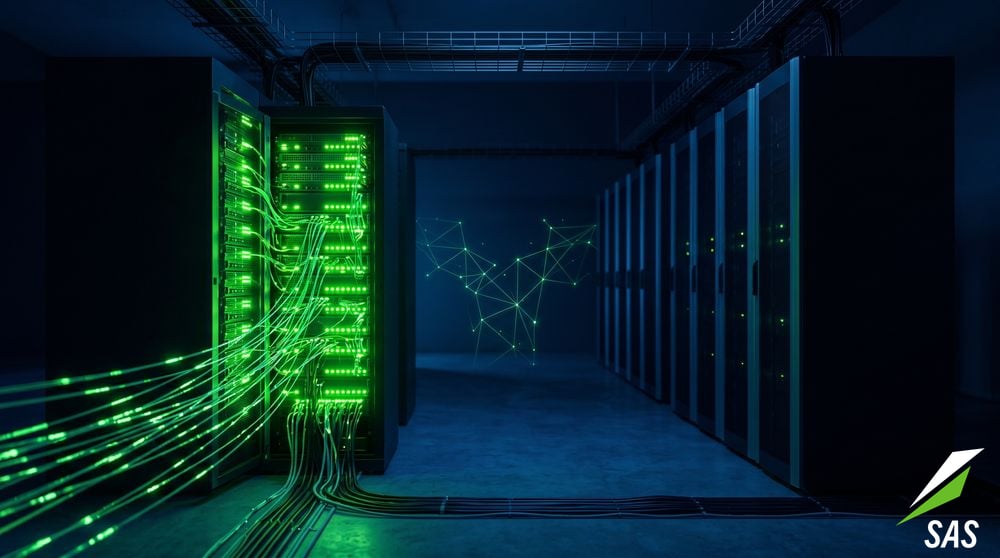 Dark data centre — primary green-lit server rack in the foreground with data trails, dim alternate rack behind, holographic divergence pattern between them
