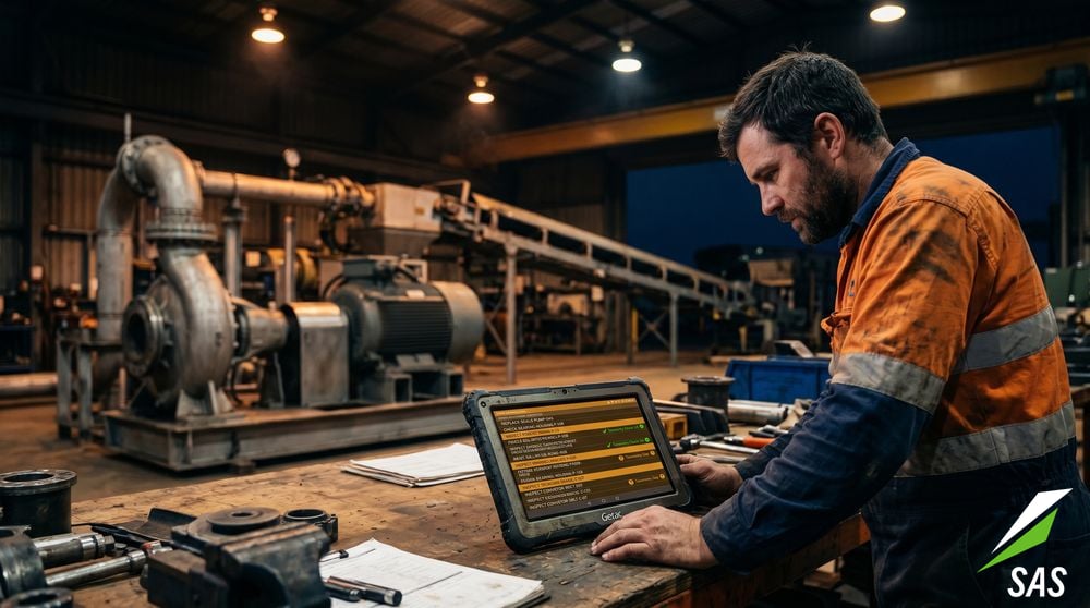 Reliability engineer reviewing classified work order rows on a rugged industrial tablet in a maintenance workshop, with a pump skid in the background.