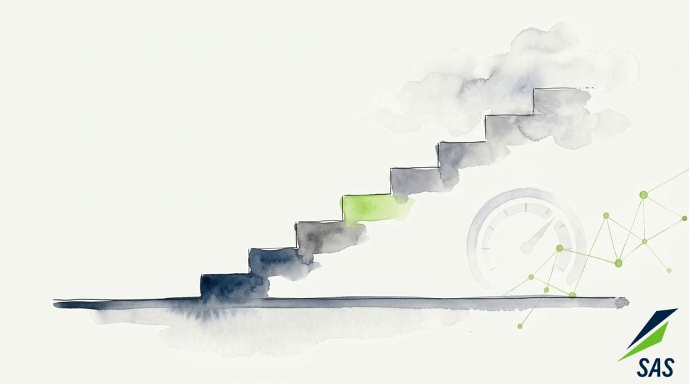 Watercolour staircase of asset management maturity rising from a firm baseline floor, one step in green, with a faint capability gauge.