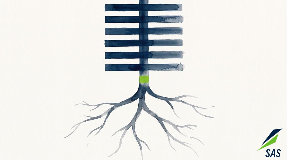 Watercolour of an asset hierarchy, a firm backbone at the top dissolving into open branches below, with a green band where prescription becomes judgement
