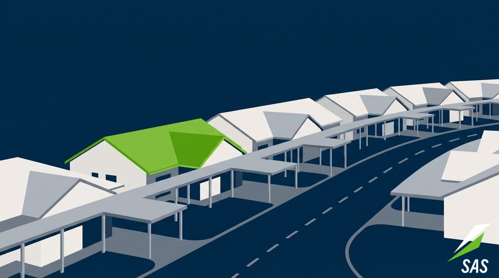 A row of retirement village units with one roof highlighted