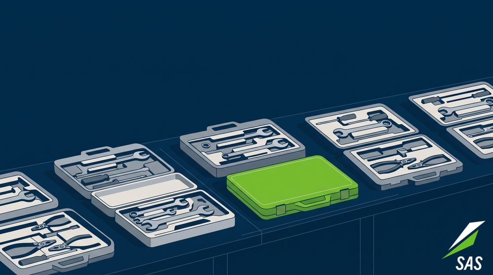 Several matching maintenance tool kits laid out in team groups on a workshop bench