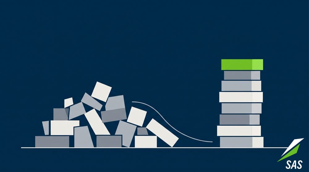 A pile of irregular blocks on the left being sorted into a neat ordered stack on the right