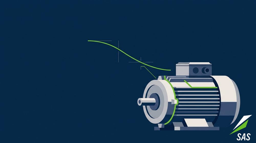An industrial electric motor with a smooth degradation curve drawn above it