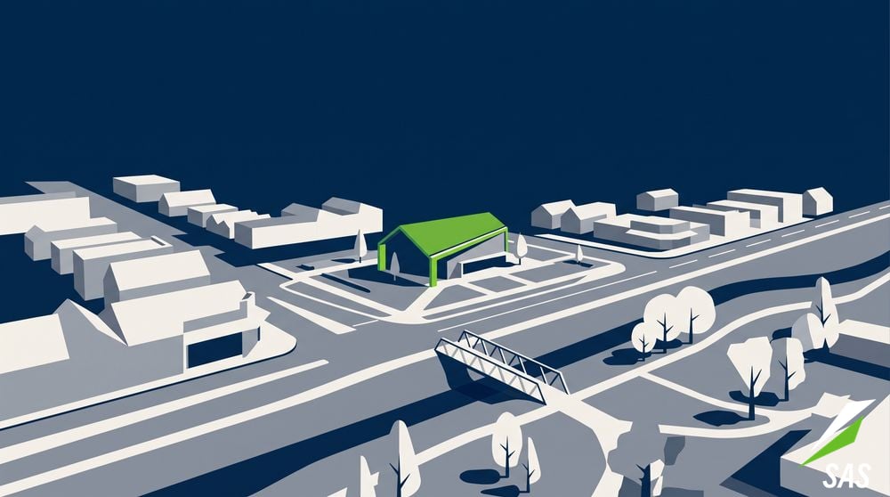 A regional Australian town centre with a civic building, a main road, a footbridge over a creek and a park