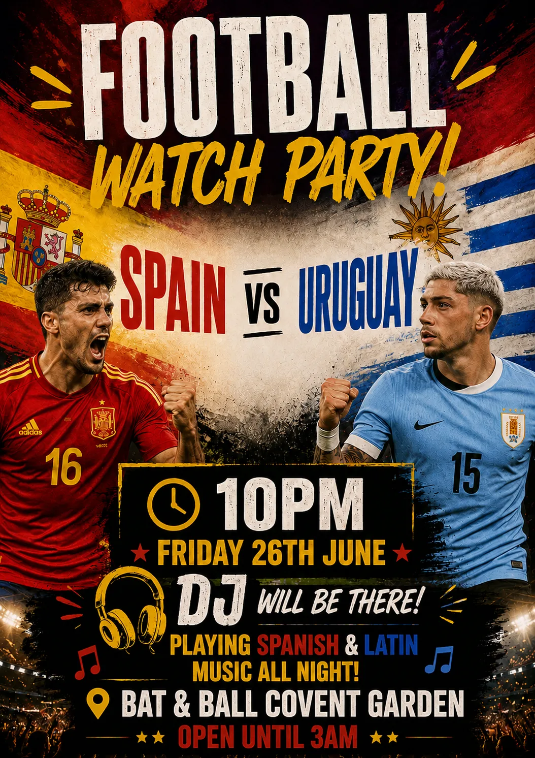 Cheer every goal, then dance to Spanish and Latin beats with our DJ spinning until 3 AM. 
