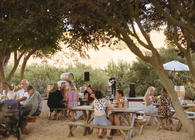 People enjoying wine and food at an outdoor winery event with live acoustic music, picnic tables, and vineyard barrels in the background.