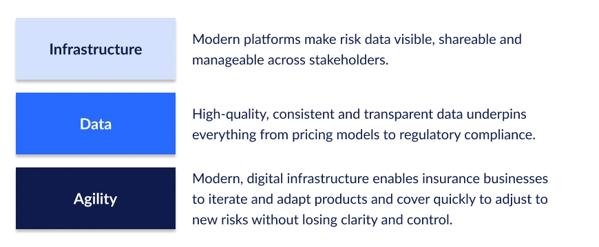 A graphic showing infrastructure, data and agility and how they impact insurability