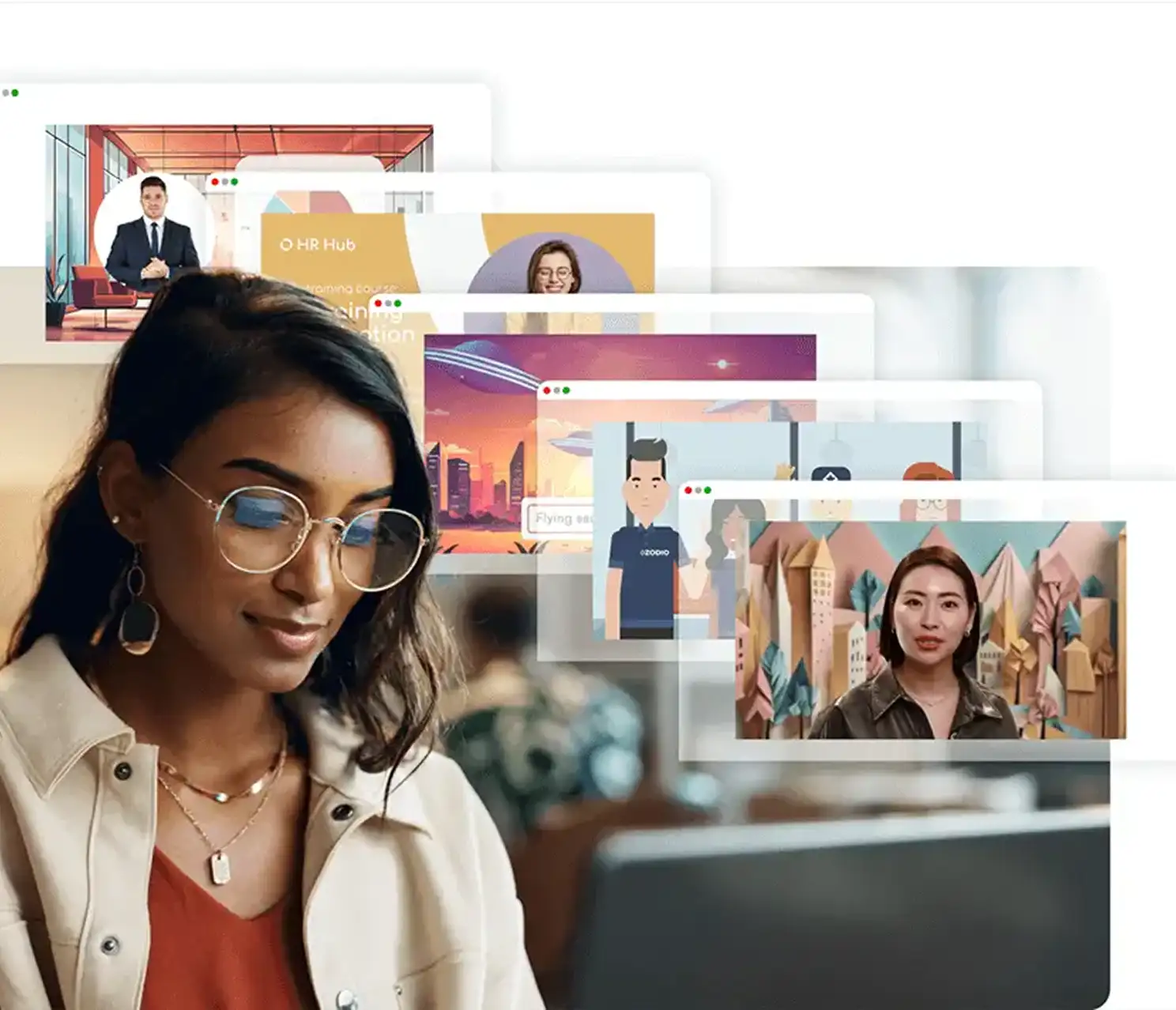 woman looking to a desktop withe several screens