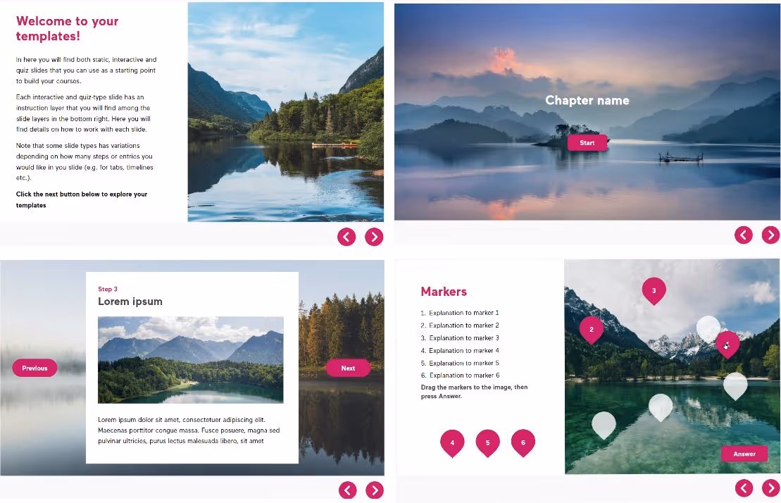 Four slides featuring scenic mountain lake landscapes with interactive elements and instructional text about templates and markers.