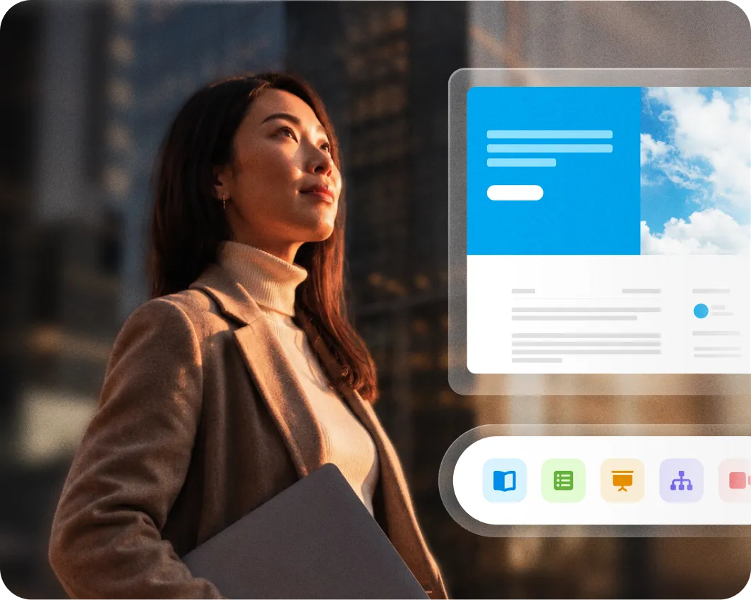 Woman in business attire holding a laptop and looking thoughtfully upward with a blurred city background and a semi-transparent overlay of a digital interface including text and icons.