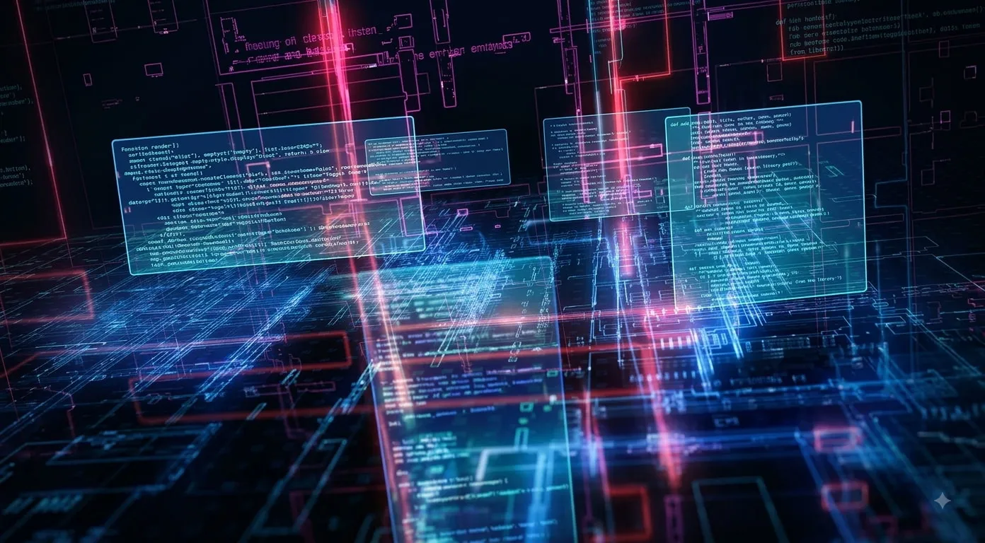 Abstract digital background with blue and red glowing lines resembling a circuit board and floating translucent panels of computer code.