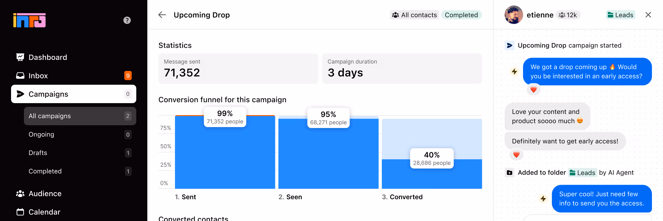 Dashboard view of Inrō’s DM Campaign feature with an Instagram dm chat window showing automated responses in action
