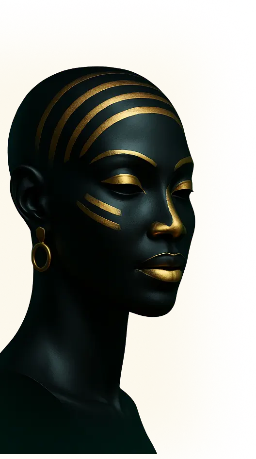 Side profile of a black woman with gold painted stripes on her head and face, gold lips, and a gold hoop earring against a yellow gradient background.