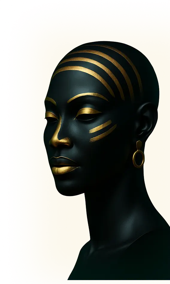 Profile of a black woman with gold tribal face paint and gold hoop earring against a yellow gradient background.