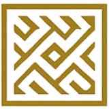 Golden intricate geometric pattern with interlocking angular shapes forming a symmetrical design on a black background.