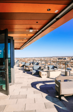Upstairs at the Morrow rooftop seating with firepits and view