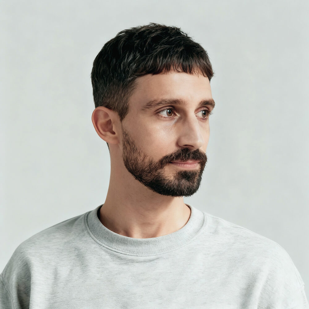 Portrait of a man with short dark hair and beard wearing a light gray sweatshirt looking to the side against a plain background.