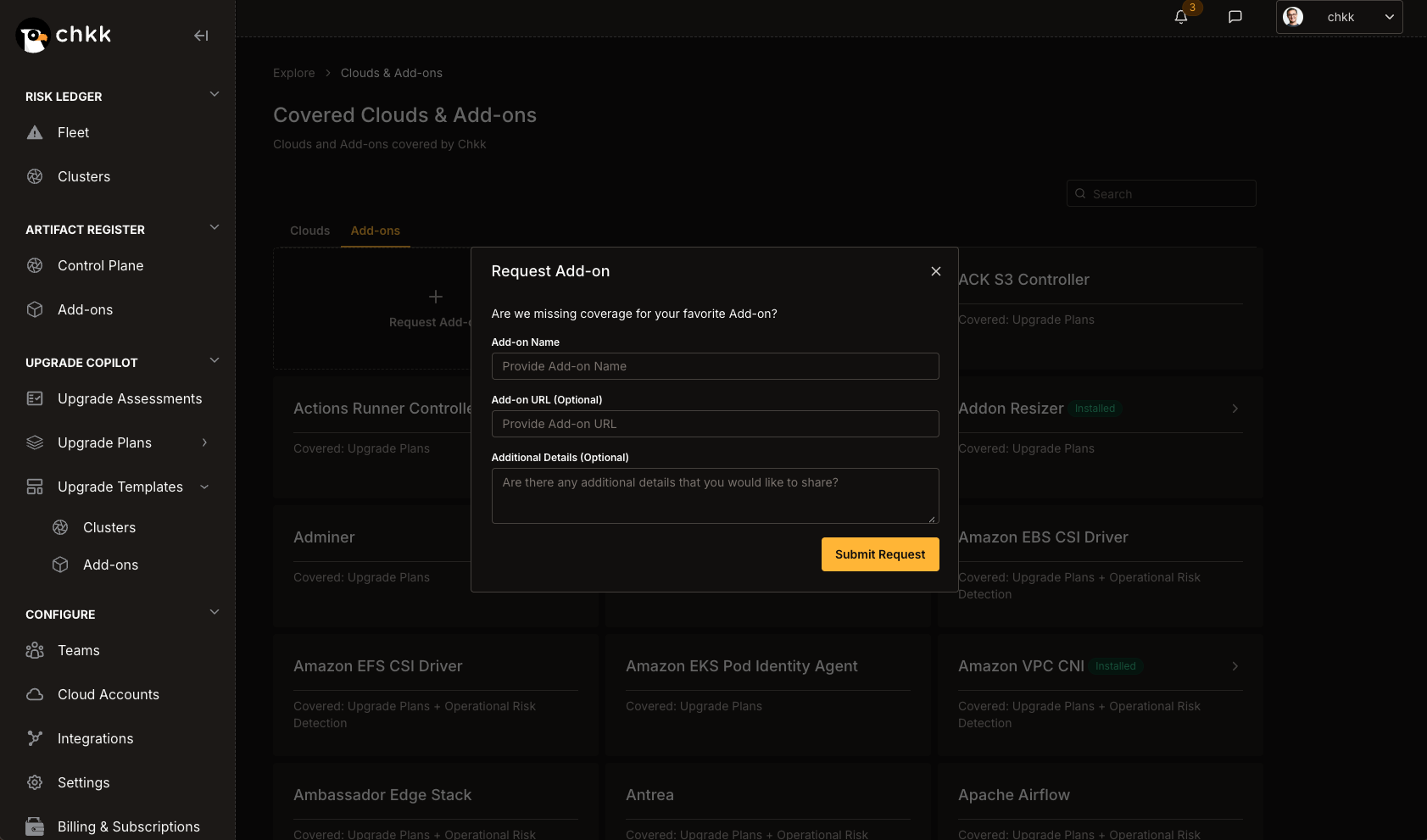 Focused view of Chkk's Upgrade Copilot, focused on the Add-On Changes step of Pre-work.