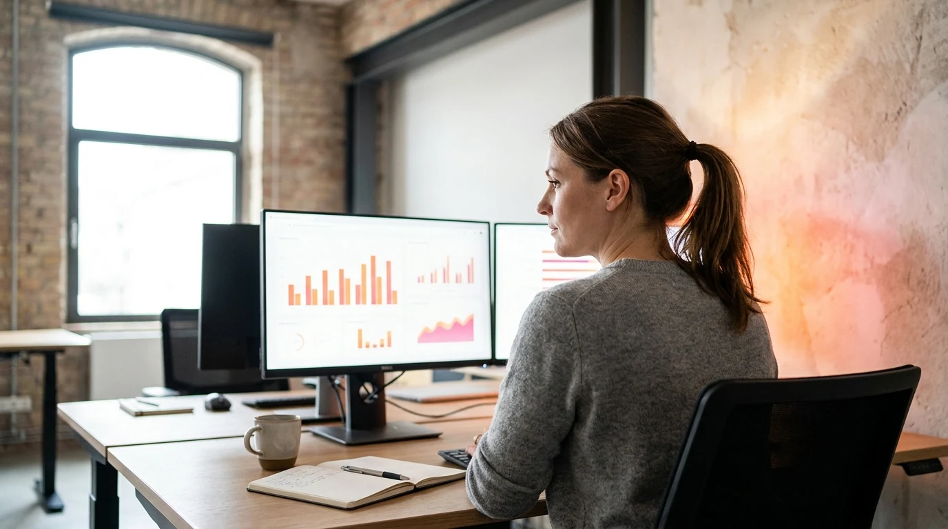 Marketingová specialistka nastavuje vyhledávací kampaň na dvou monitorech