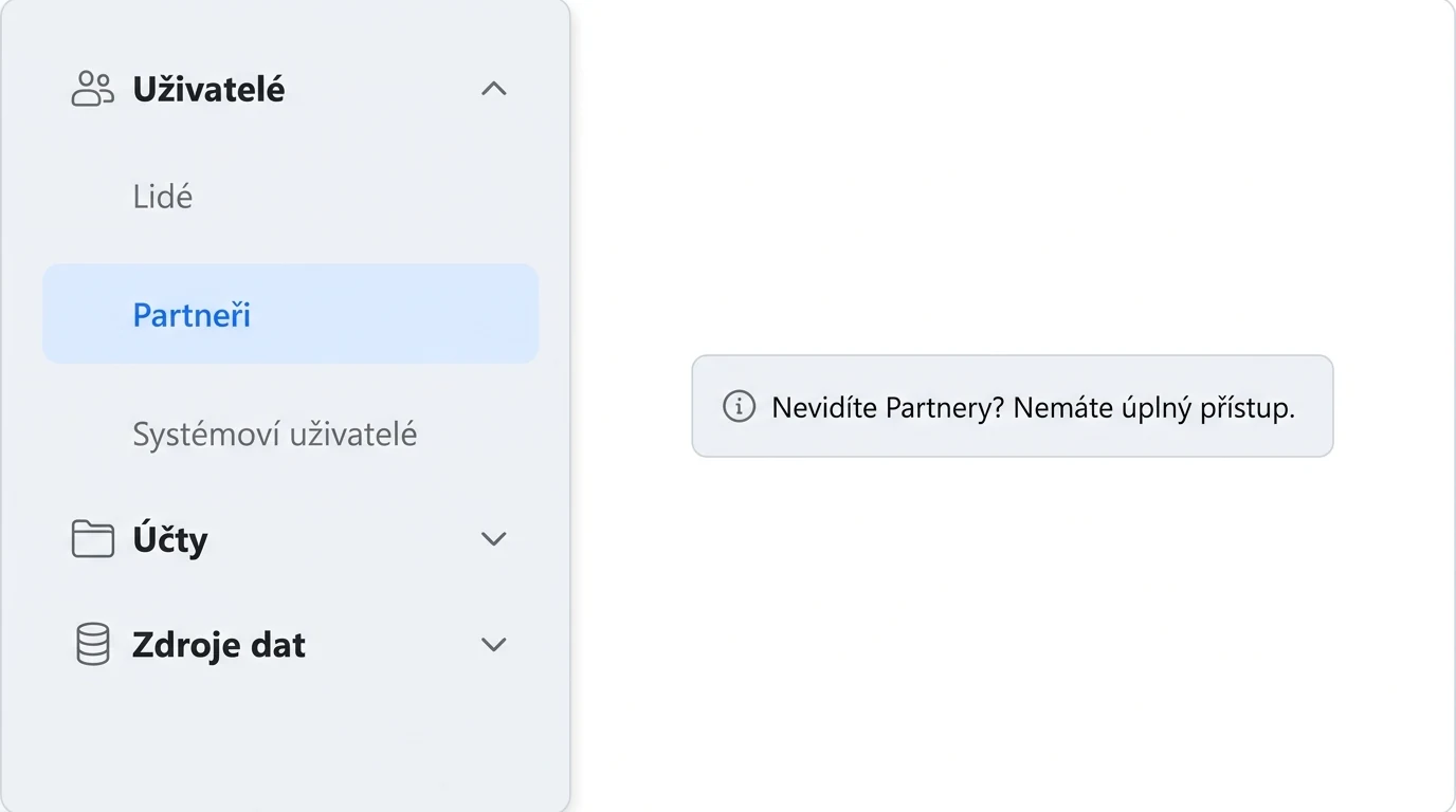 Levé menu nastavení s rozbalenou sekcí Uživatelé a zvýrazněnou položkou Partneři